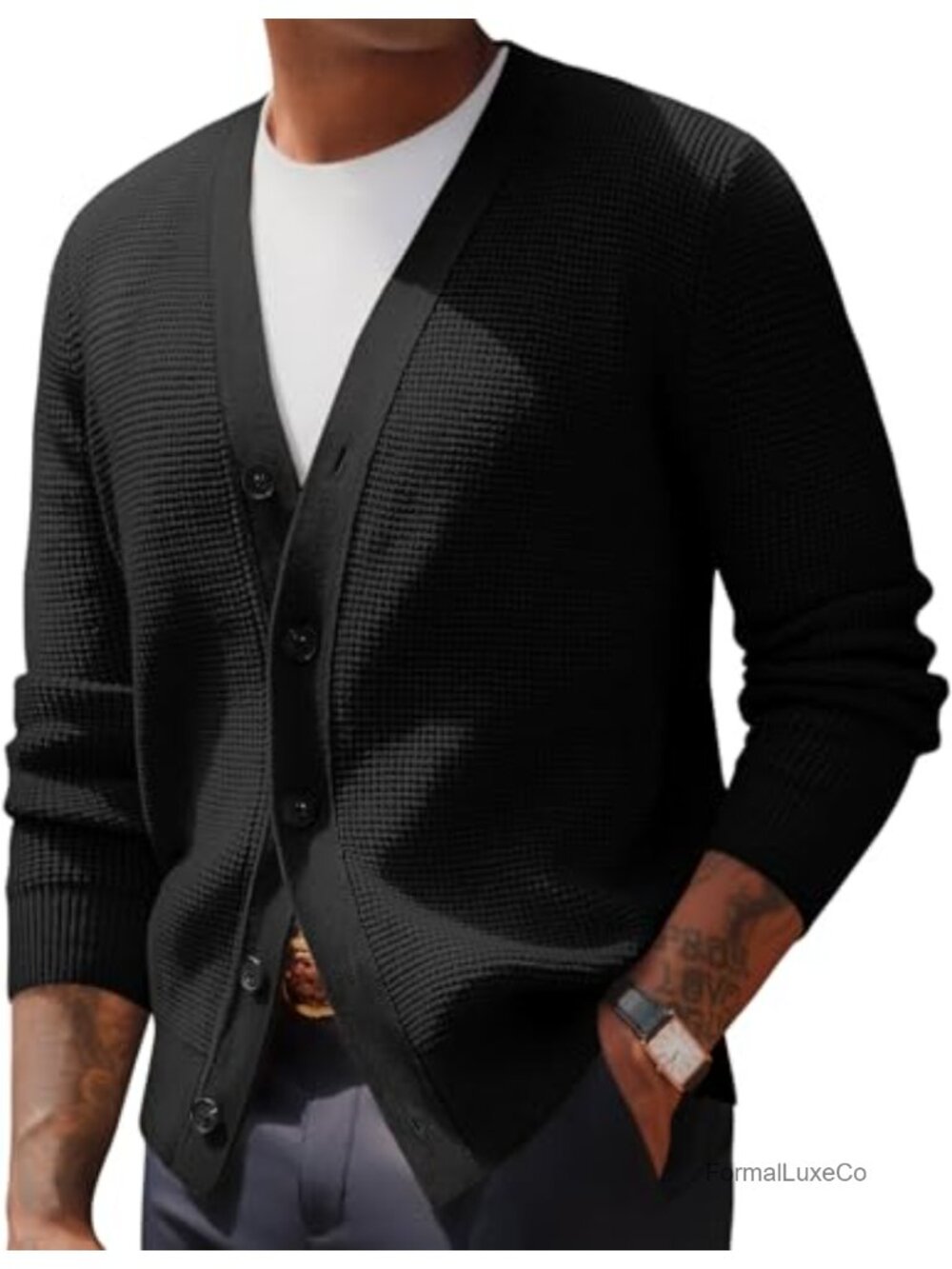 Mens Waffle Knit Cardigan Sweater V-Neck Long Sleeve Button Casual